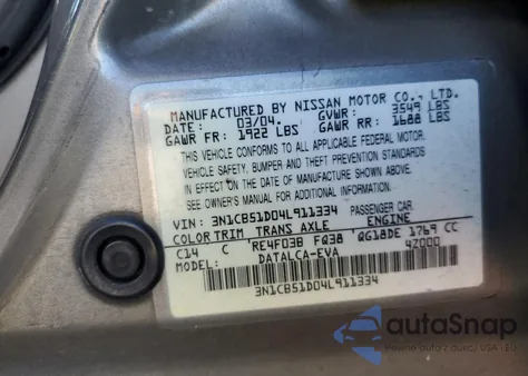 2004 Nissan Sentra 1.8 z USA, uszkodzony, nr VIN 3N1CB51D04L911334